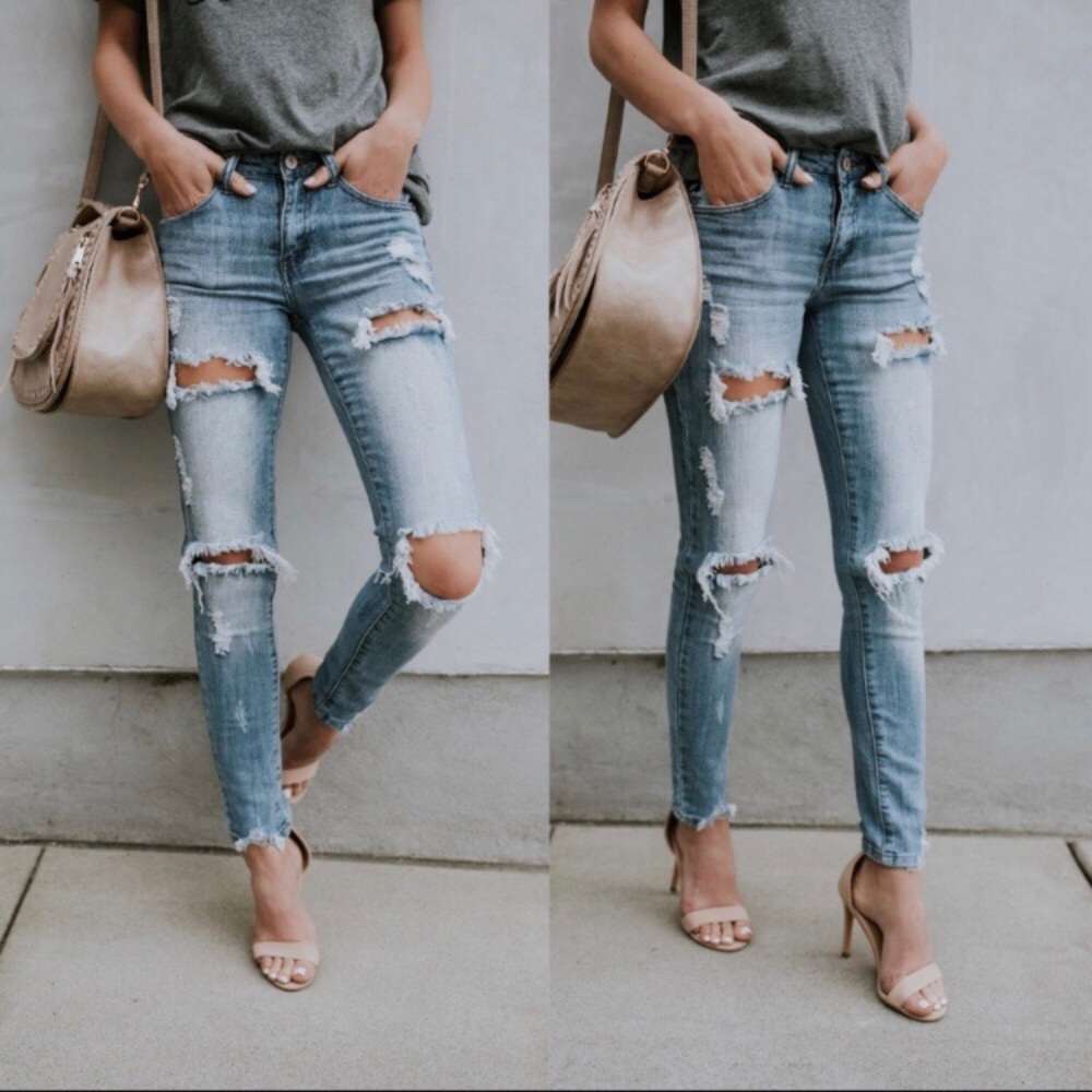 Distressed Light Wash Skinny Jeans - Picture 2 of 8